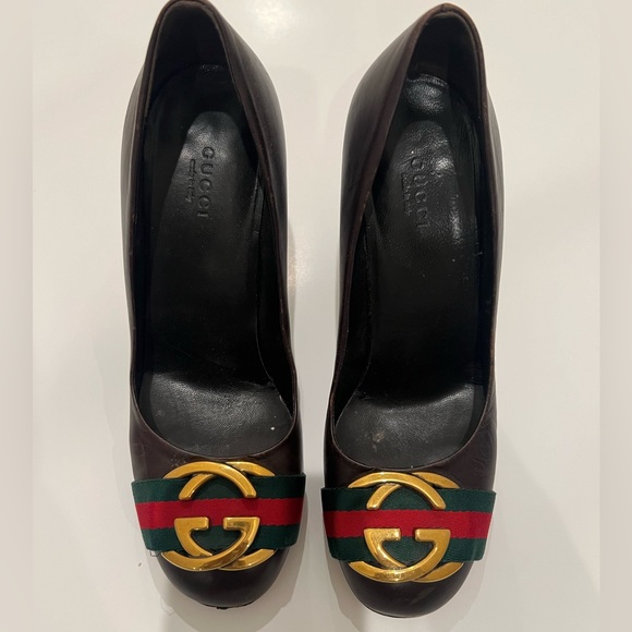 Gucci Brown Leather Signature Web Interlocking GG Buckle Heels - Picture 2 of 6